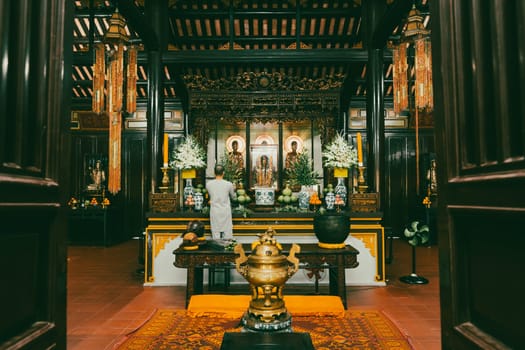 Hue, Vietnam, November 17, 2022: Interior of Thien Mu Buddhist Temple in Hue, Central Vietnam