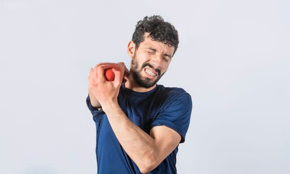 Man with elbow cramp, Person with elbow pain isolated, concept of a man with rheumatism elbow pain, man massaging sore elbow