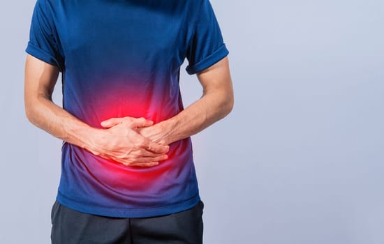 person with stomach pain, stomach problems concept, man with digestive problems, man with stomach pain, isolated