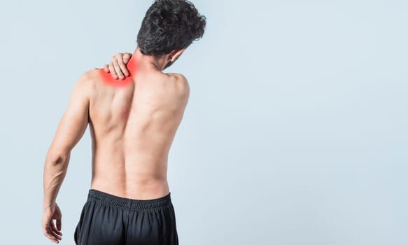 shirtless man with neck pain, man with neck pain on isolated background, neck pain and stress concept, man with neck muscle pain