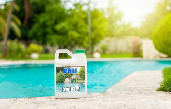 Swimming pool clarifier, pool purification and cleaning tool. Algaecide product to clarify home swimming pools, concept of pool purifying chemicals