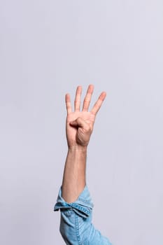 Hand counting number four, Man hand showing number four, Guy finger counting number four on isolated background