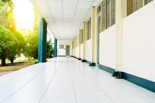 Corridors of a university on a sunny day. View of a corridor of a student institution.