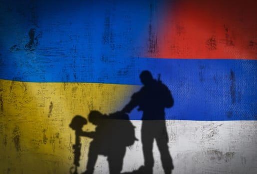 Russia vs Ukraine flag on cracked wall, concept of war between russia and ukraine, silhouette of soldiers on russia vs ukraine flag