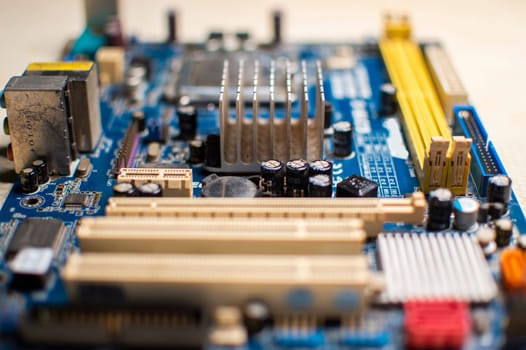 Close up of a motherboard, details of a computer motherboard, detail of a motherboard socket