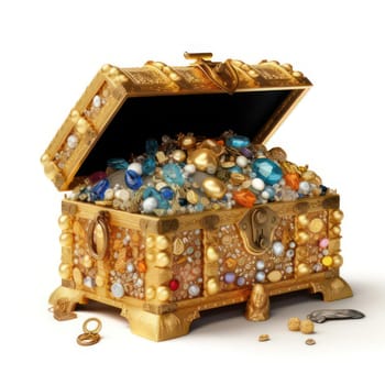 Treasure chest full of gold and jewels isolated on white created with Generative AI