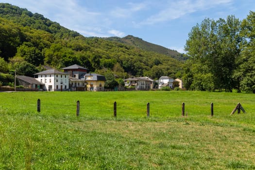 Meadow, Trees and Houses in the Town of Las Herrerias on the Way of St James Pilgrimage Trail Camino de Santiago