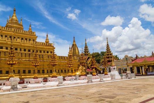 Bagan, Myanmar: 17 August 2020: The golden beautiful Shwezigon Pagoda in Bagan city, Myanmar