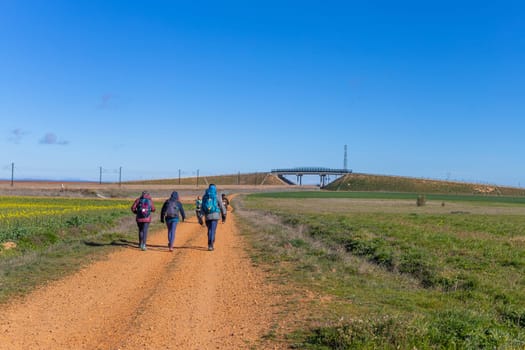Navarre, Spain, 26 March, 2023: Pilgrims walk along the Camino De Santiago, the Way of St. James pilgrimage route, Navarra, Spain.