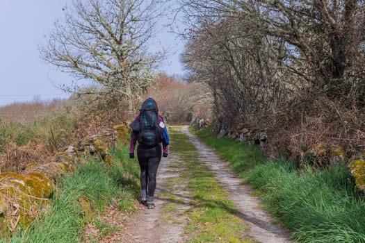 Navarre, Spain, 04 December, 2022: Pilgrim walk along the Camino De Santiago, the Way of St. James pilgrimage route, Navarre, Spain.