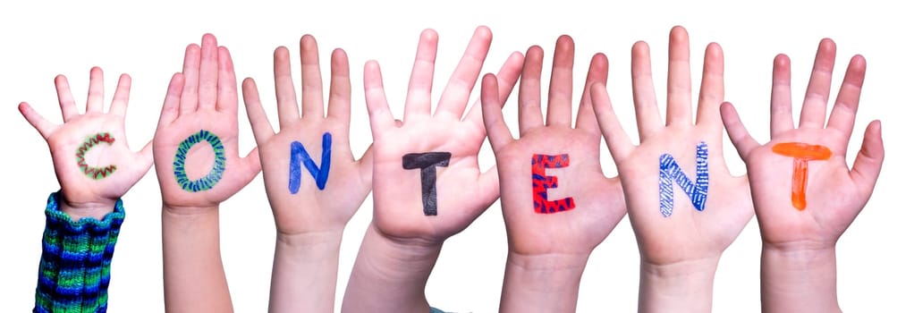 Children Hands Building Colorful English Word Content. Isolated White Background.