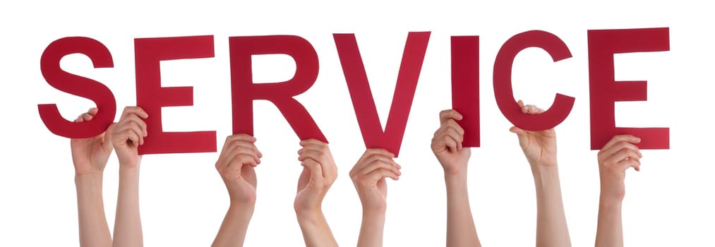 People Or Persons Hands Building English Word Service. Isolated White Background.