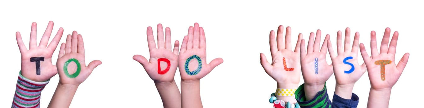 Children Hands Building Colorful English Word To Do List. Isolated White Background.