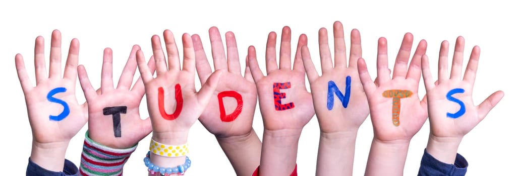 Children Hands Building Colorful English Word Students. Isolated White Background.