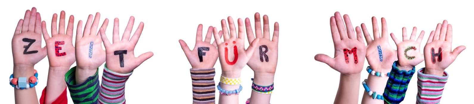 Children Hands Building Colorful German Word Zeit Fuer Mich Means Time For Me. White Isolated Background