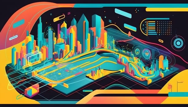 Big data abstract visualization concept in retro color palette. Infographic style illustration. AI Generative content
