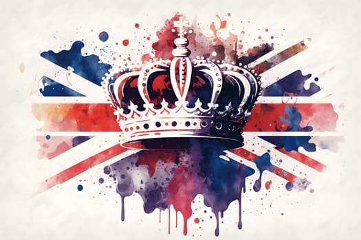 United Kingdom UK Royal Crown on Great Britain flag background as concept of monarchy and King Charles coronation.  watercolor illustration. AI Generative content