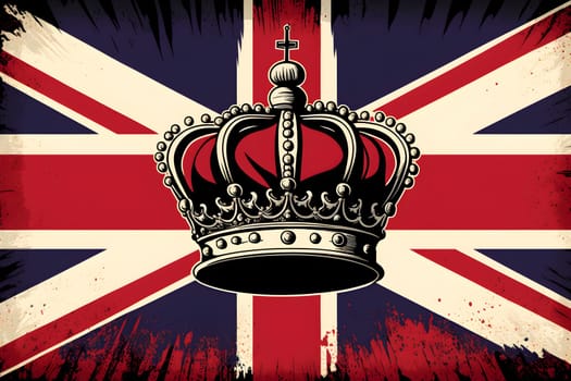 United Kingdom UK Royal Crown on Great Britain flag background as concept of monarchy and King Charles coronation. AI Generative content