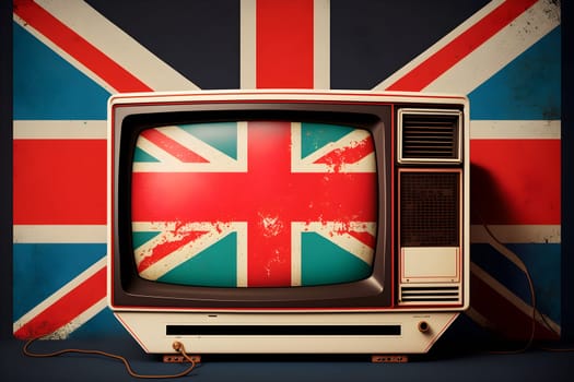 Retro TV on Great Britain flag background. British television concept. AI Generative content