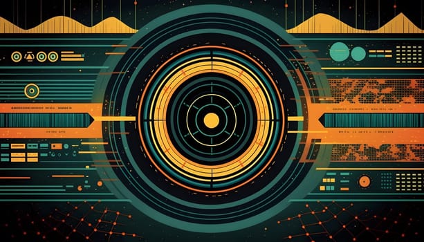 Big data abstract visualization concept in dark retro color palette. AI Generative content
