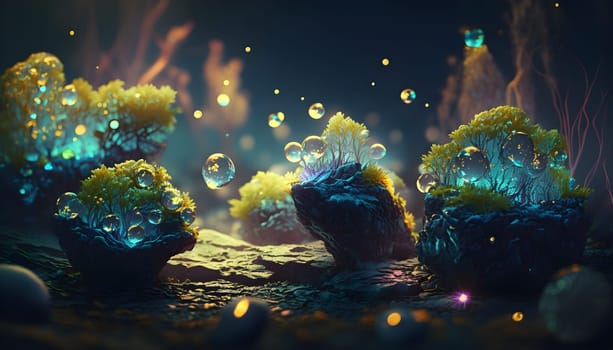 Magical iridescent crystals in dark mystery forest with sparkling glow and golden glimmer in the dark. Fairy tale or dream natural background. AI Generative content