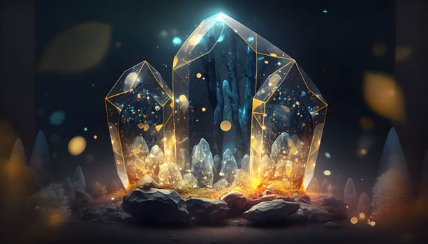 Magical iridescent crystals in dark mystery forest with sparkling glow and golden glimmer in the dark. Fairy tale or dream natural background. AI Generative content