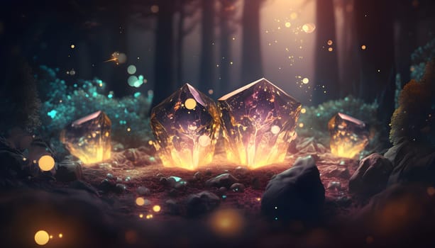 Magical iridescent crystals in dark mystery forest with sparkling glow and golden glimmer in the dark. Fairy tale or dream natural background. AI Generative content