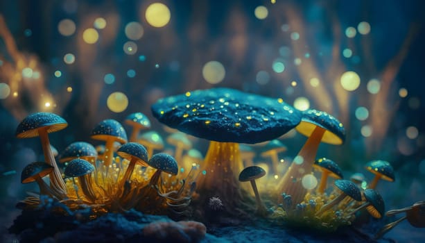 Magical iridescent mushrooms in dark mystery forest with sparkling glow and golden glimmer in the dark. Fairy tale or dream natural background. Hallucinogen psychedelics fungi. AI Generative content