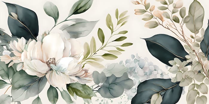 Floral botanical hand painted watercolor illustration background for wedding invitation, wallpapers or graphic design with airy soft color flowers and green leaves in boho style. AI Generative content