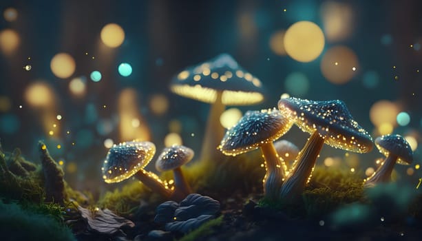 Magical iridescent mushrooms in dark mystery forest with sparkling glow and golden glimmer in the dark. Fairy tale or dream natural background. Hallucinogen psychedelics fungi. AI Generative content