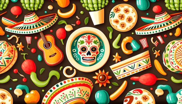 Mexican holiday Cinco de Mayo, May 5 pattern on black background with Mexican traditional national ethnic symbols flags flowers decorations guitar hat cactuses bright details. AI Generative content