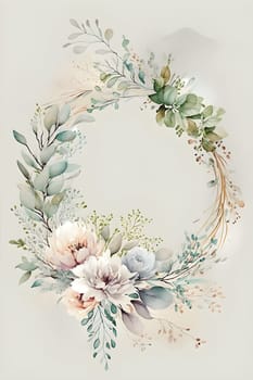 Floral botanical hand painted watercolor wreath template illustration background for wedding invitation, airy soft color flowers and green leaves in boho style. AI Generative content