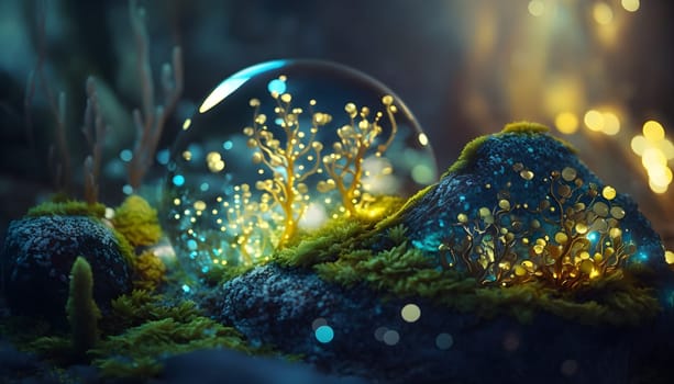 Magical iridescent crystals in dark mystery forest with sparkling glow and golden glimmer in the dark. Fairy tale or dream natural background. AI Generative content