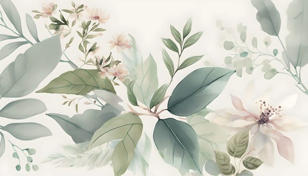 Floral botanical hand painted watercolor illustration background for wedding invitation, wallpapers or graphic design with airy soft color flowers and green leaves in boho style. AI Generative content