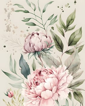 Floral botanical hand painted watercolor illustration background for wedding invitation, wallpapers or graphic design with airy soft color flowers and green leaves in boho style. AI Generative content