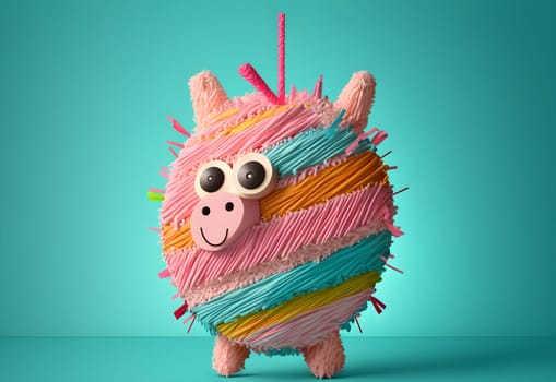 Mexican holiday pink pinata monster or cute fantastic beast mutant creature on bright blue background. AI Generative content