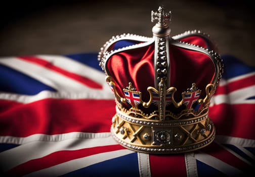 United Kingdom UK Royal Crown on Great Britain flag background as concept of monarchy and King Charles coronation. AI Generative content