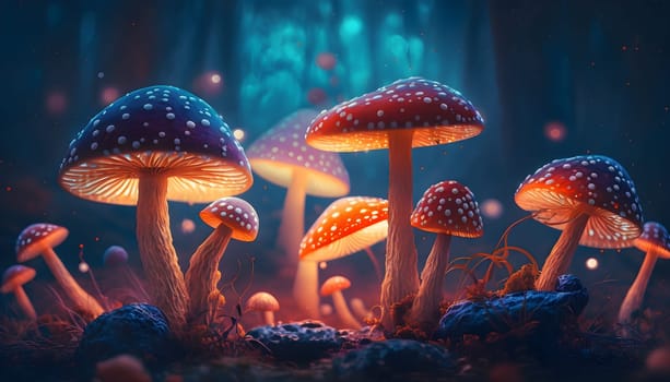 Magical iridescent mushrooms in dark mystery forest with sparkling glow and golden glimmer in the dark. Fairy tale or dream natural background. Hallucinogen psychedelics fungi. AI Generative content