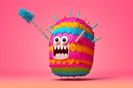 Mexican holiday pinata monster or cute fantastic beast mutant creature on bright pink background. AI Generative content