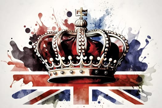 United Kingdom UK Royal Crown on Great Britain flag background as concept of monarchy and King Charles coronation.  watercolor illustration. AI Generative content