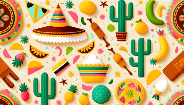 Mexican holiday Cinco de Mayo, May 5 pattern background with Mexican traditional national ethnic symbols flags, flowers, decorations, guitar, hat, cactuses, bright details. AI Generative content