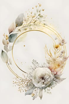 Floral botanical hand painted watercolor wreath template illustration background for wedding invitation, airy soft color flowers and green leaves in boho style, golden details. AI Generative content