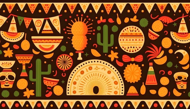 Mexican holiday Cinco de Mayo, May 5 pattern on black background with Mexican traditional national ethnic symbols flags flowers decorations guitar hat cactuses bright details. AI Generative content