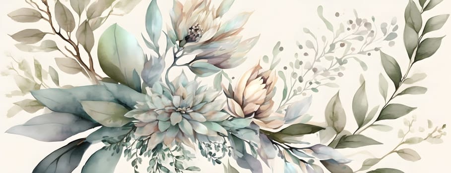Floral botanical hand painted watercolor illustration background for wedding invitation, wallpapers or graphic design with airy soft color flowers and green leaves in boho style. AI Generative content