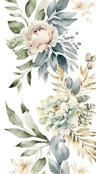 Floral botanical hand painted watercolor illustration background for wedding invitation, wallpapers or graphic design with airy soft color flowers and green leaves in boho style. AI Generative content