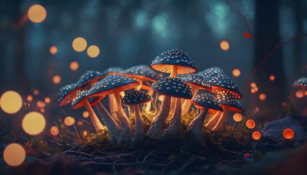 Magical iridescent mushrooms in dark mystery forest with sparkling glow and golden glimmer in the dark. Fairy tale or dream natural background. Hallucinogen psychedelics fungi. AI Generative content