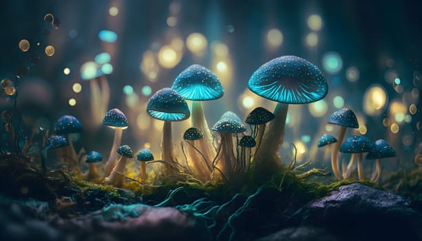Magical iridescent mushrooms in dark mystery forest with sparkling glow and golden glimmer in the dark. Fairy tale or dream natural background. Hallucinogen psychedelics fungi. AI Generative content