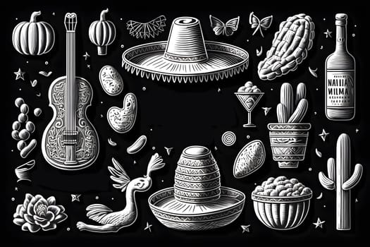 Mexican holiday Cinco de Mayo, May 5 line art pattern on black background with Mexican traditional national ethnic symbols flags decorations guitar hat cactuses bright details. AI Generative content