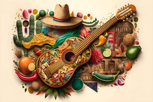 Mexican holiday Cinco de Mayo, May 5 collage style background with Mexican traditional national ethnic symbols flags, flowers, decorations, guitar, hat, cactuses, bright details. AI Generative content