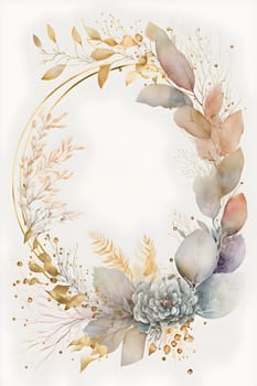 Floral botanical hand painted watercolor wreath template illustration background for wedding invitation, airy soft color flowers and green leaves in boho style, golden details. AI Generative content